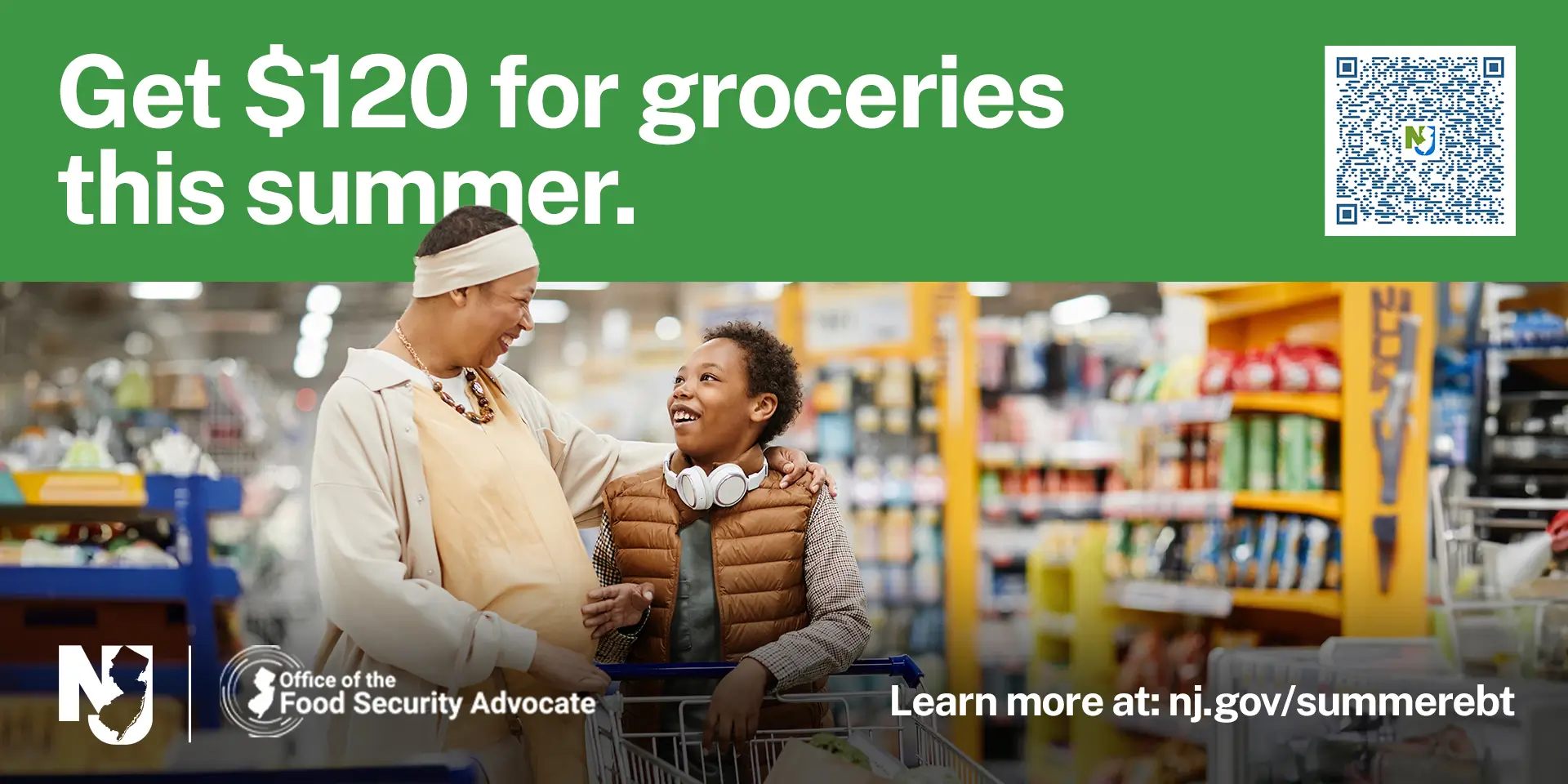 A photo of a mom and her son shopping in a grocery store.