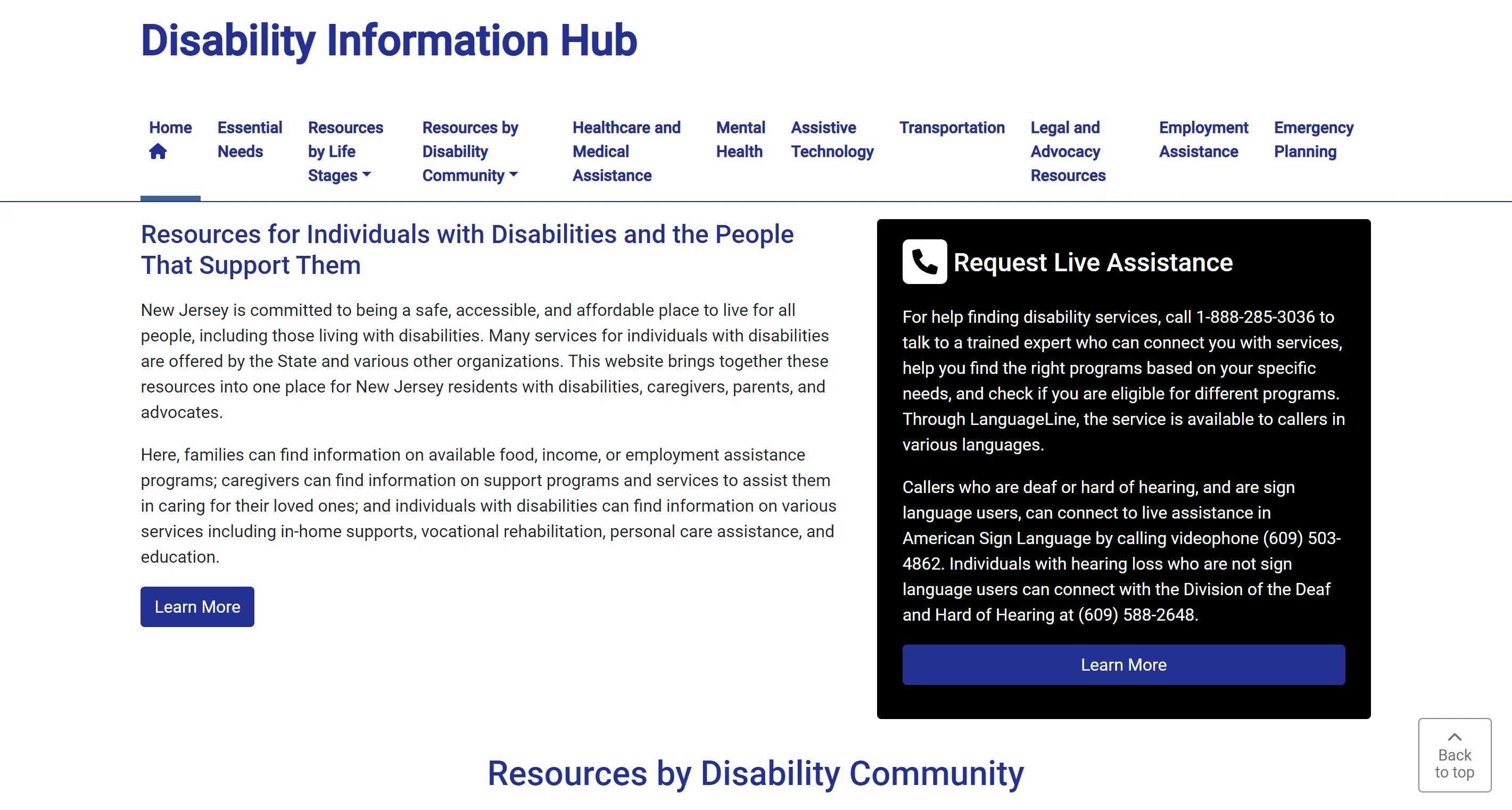 The landing page for the new Disability Information Hub