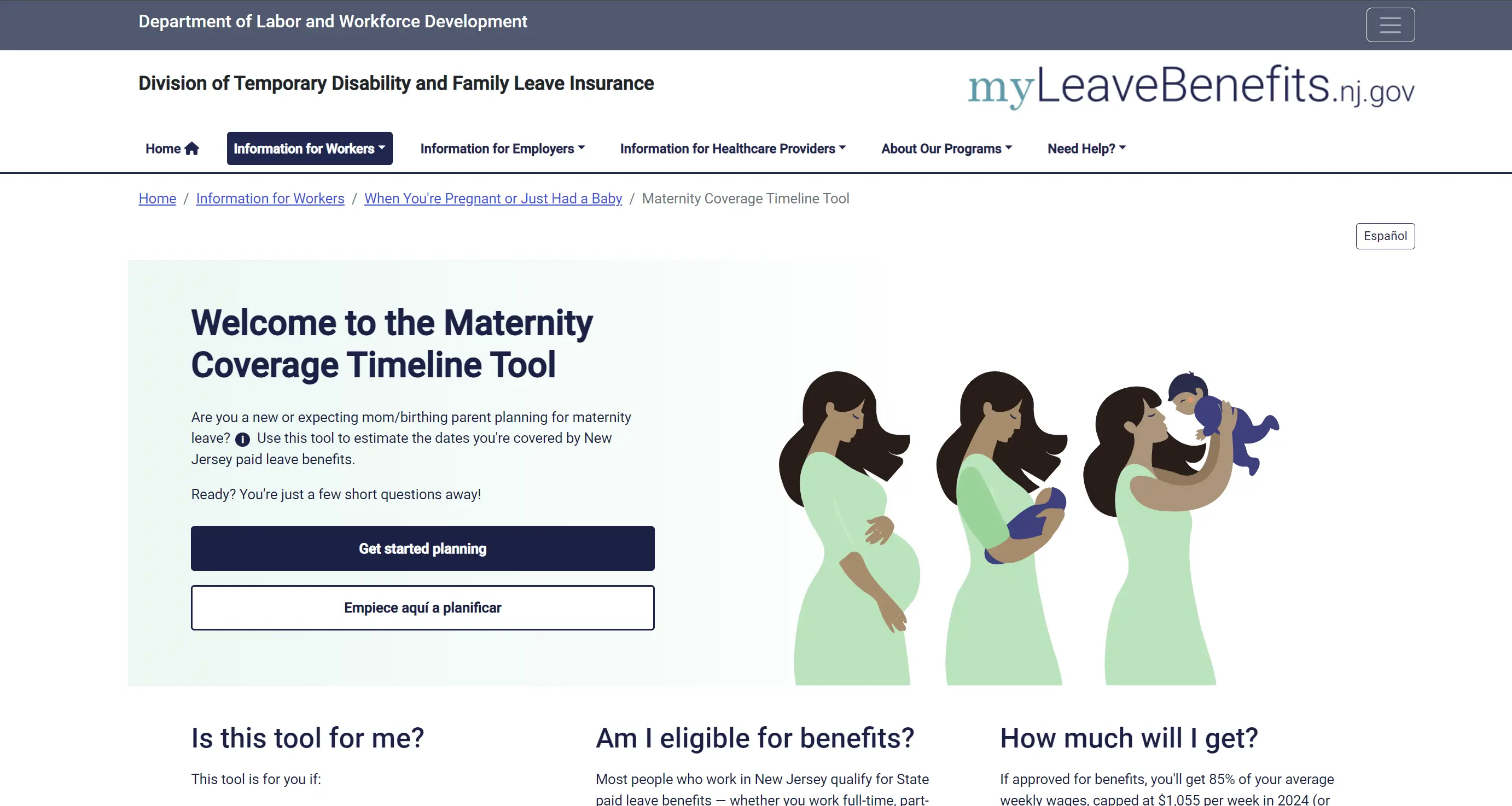 The landing page for the Maternity Coverage Timeline Tool