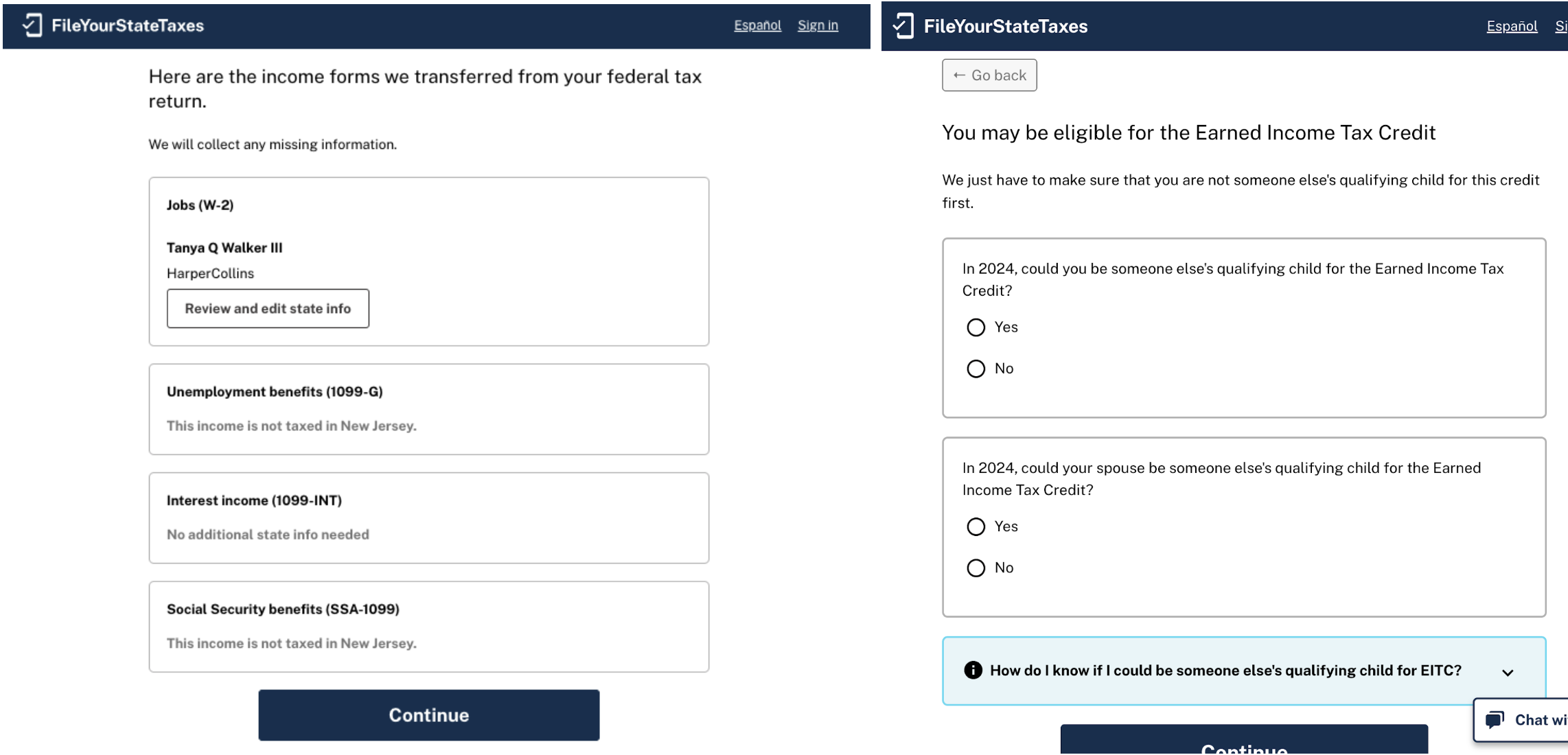 A screenshot image of two screens in the NJ Direct File website, shows a form for entering income information and determining eligibility for the Earned Income Tax Credit